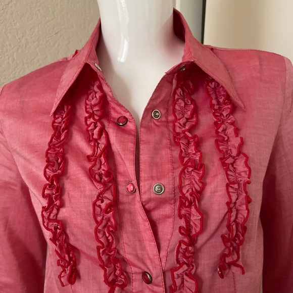 ANNA HULING VINTAGE! NEW! Pink Cotton Ruffled Bodice/Sleeves Snap-Front Shirt S - Picture 2 of 7